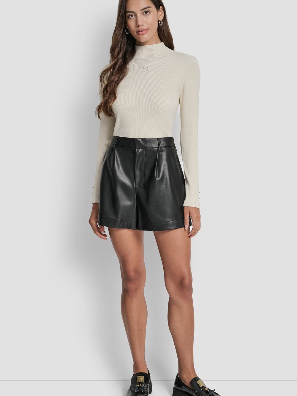 DKNY Jeans Black High-Waist Pleated Faux Leather Shorts